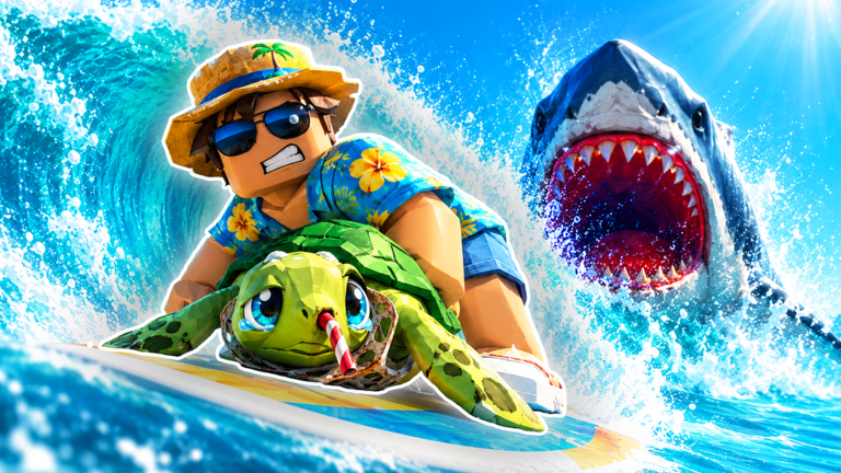 A Roblox surfer in a straw hat rides a wave on a surfboard while carrying a rescued sea turtle, with a shark bursting through the water behind them.