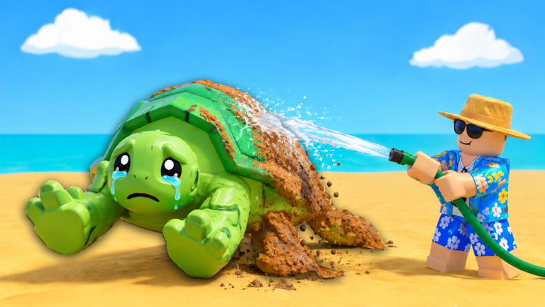 A Roblox character in swimwear uses a hose to wash mud off a sad sea turtle lying on a sandy beach.