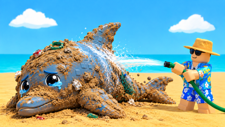 A mud-covered sea pet lying on the beach sand while a player sprays it clean with a hose